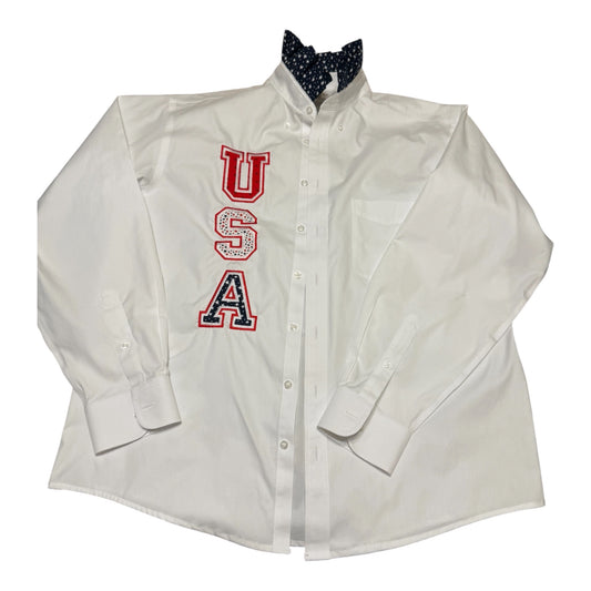 Patriotic Upcycled USA Embroidered Button-Down Shirt – Red, White & Blue Statement Piece