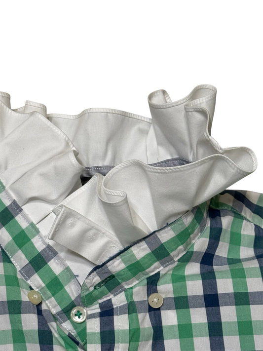 Upcycled Tommy Hilfiger Plaid Shirt with Dramatic White Ruffle Collar - Sustainable Statement Piece