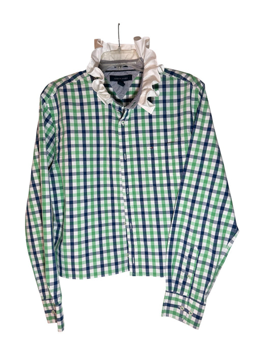 Upcycled Tommy Hilfiger Plaid Shirt with Dramatic White Ruffle Collar - Sustainable Statement Piece