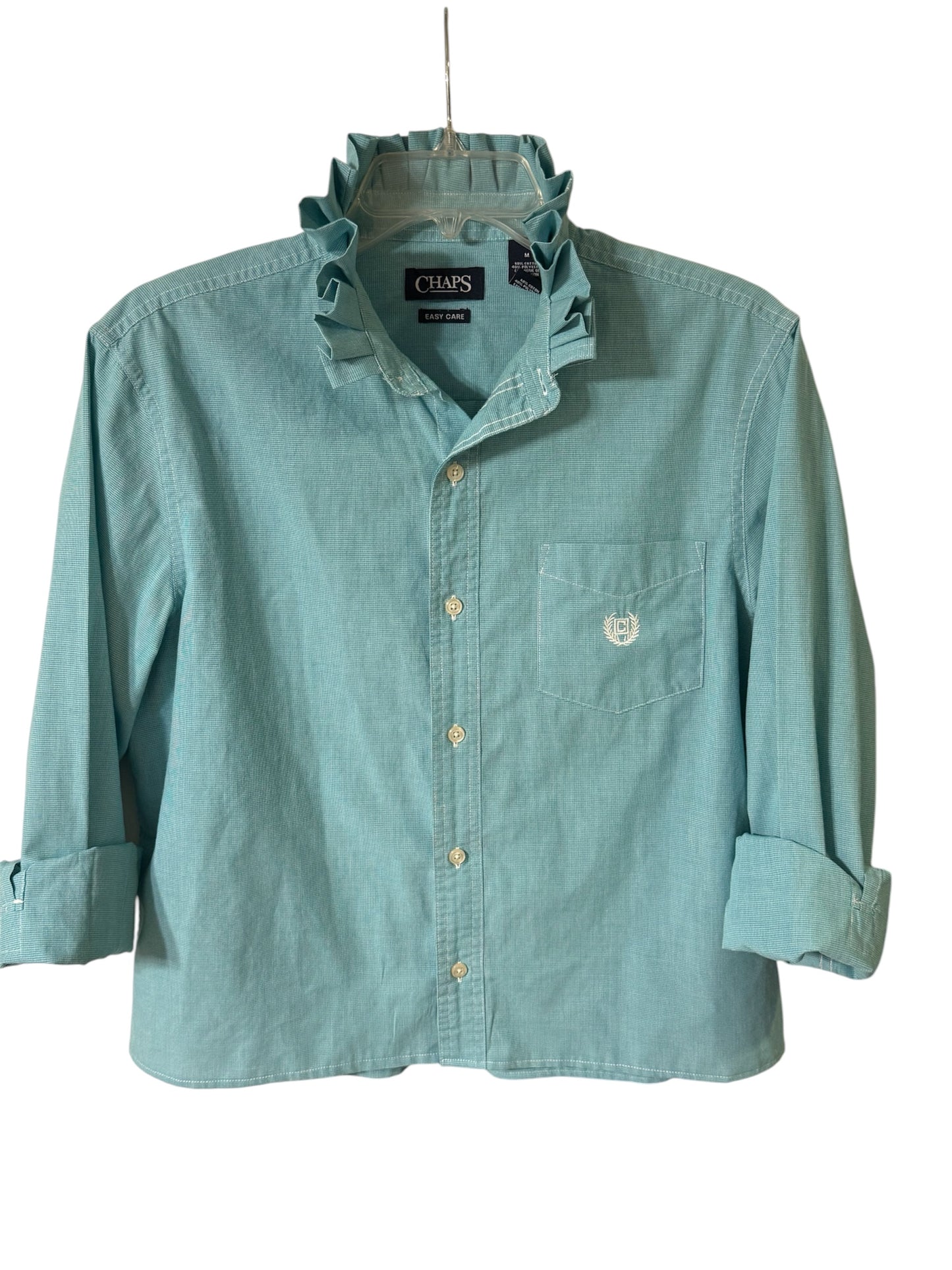 Chaps Solid Light Green Ruffle Collar Up Cycled Shirt