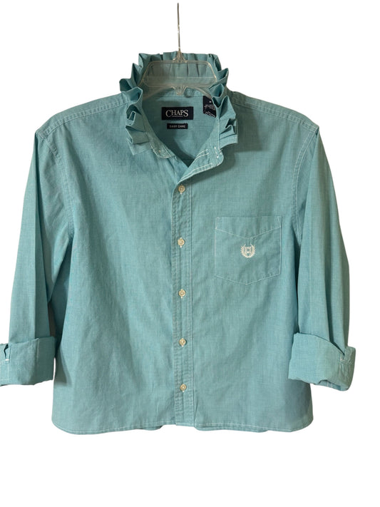 Chaps Solid Light Green Ruffle Collar Up Cycled Shirt