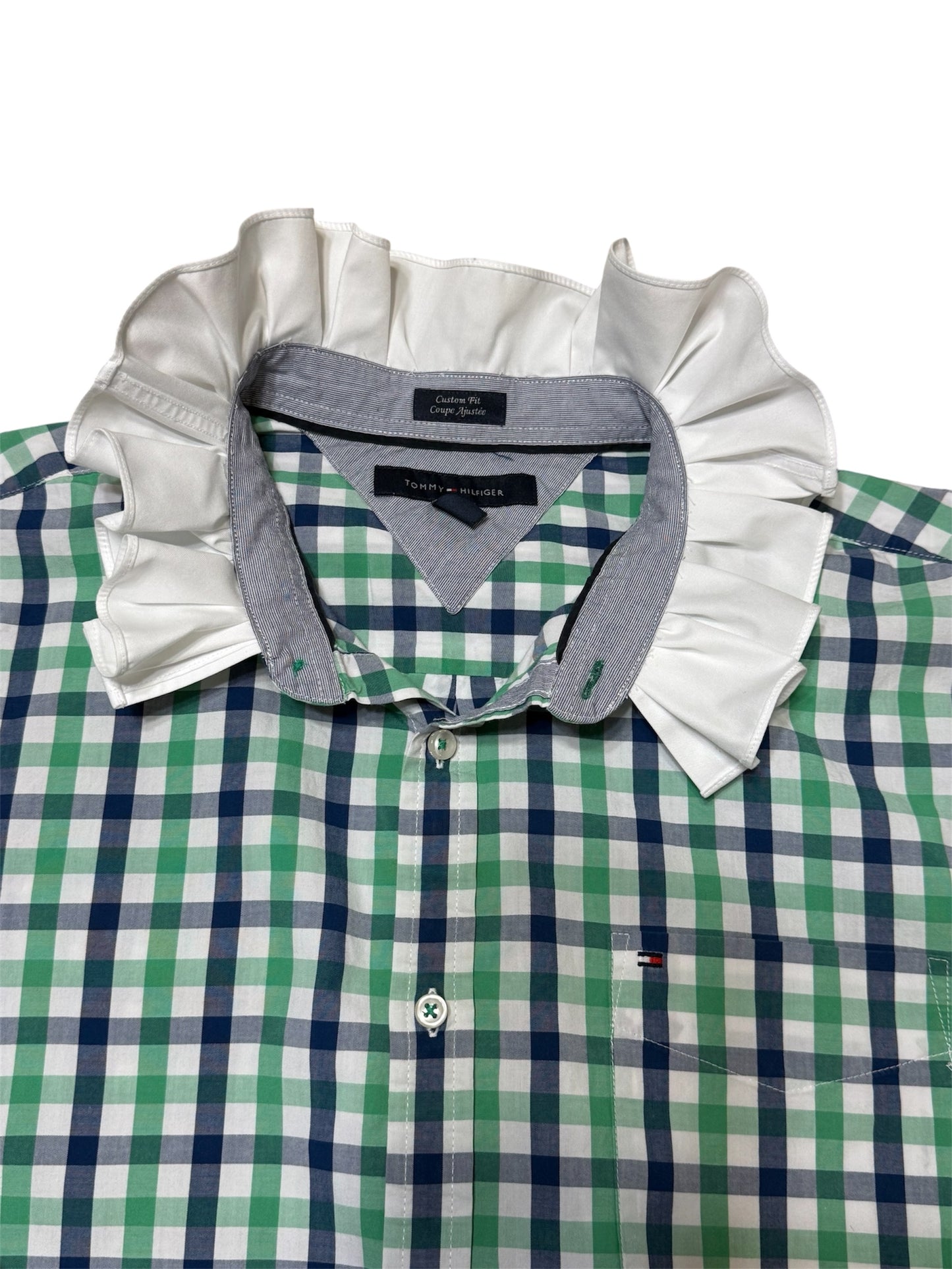 Upcycled Tommy Hilfiger Plaid Shirt with Dramatic White Ruffle Collar - Sustainable Statement Piece
