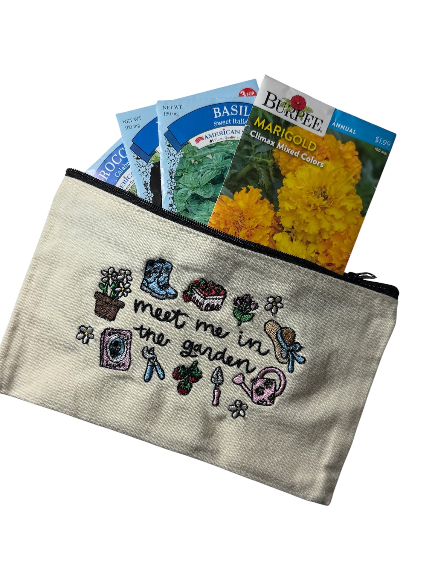 Meet Me in the Garden Embroidered Seed Packet Pouch | Canvas Zipper Organizer for Gardeners