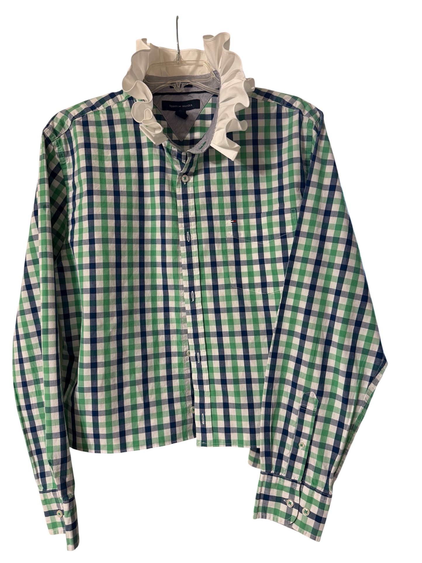 Upcycled Tommy Hilfiger Plaid Shirt with Dramatic White Ruffle Collar - Sustainable Statement Piece