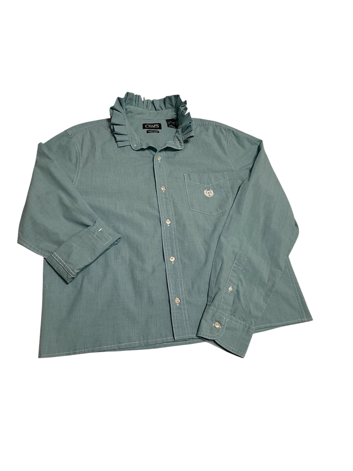 Chaps Solid Light Green Ruffle Collar Up Cycled Shirt