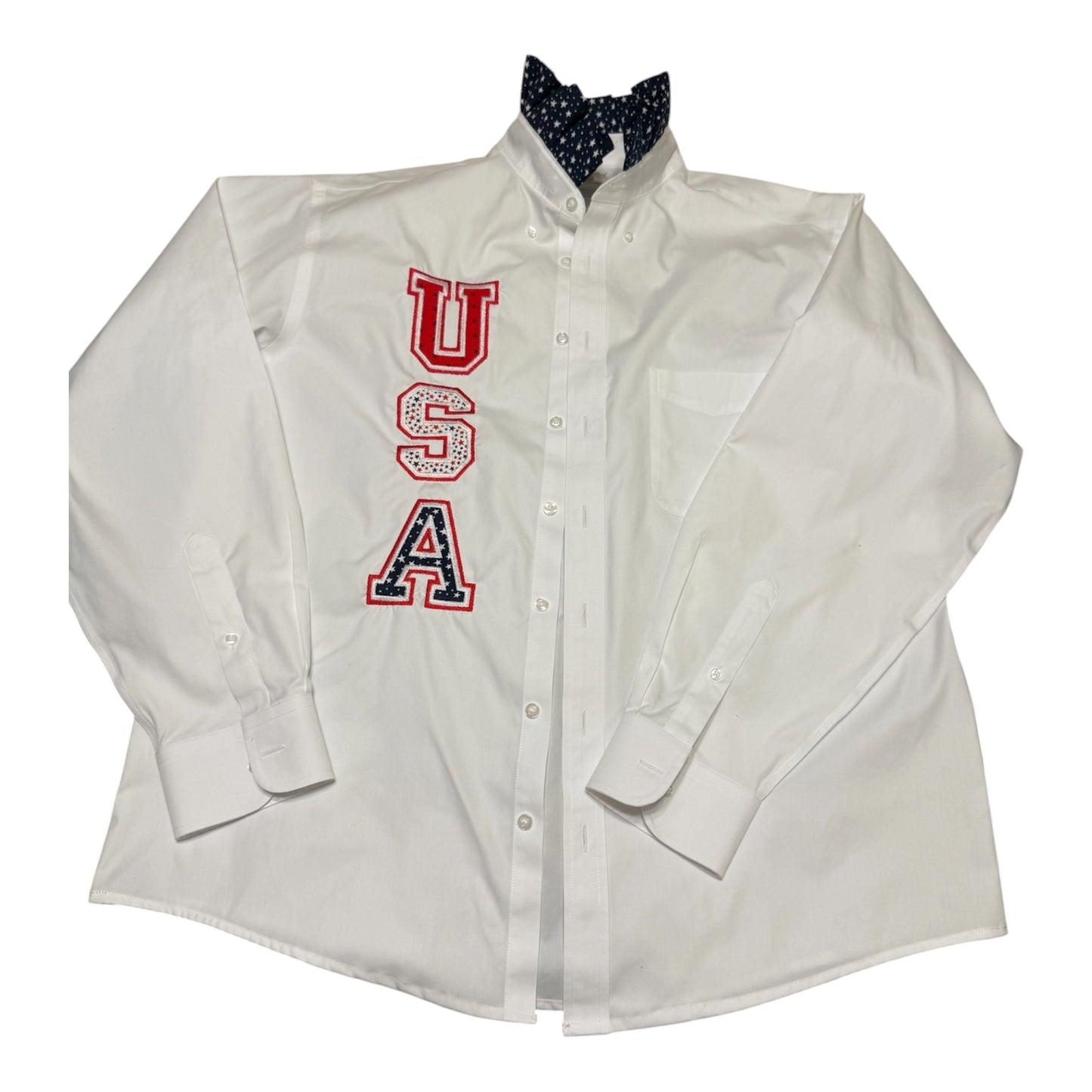 Patriotic Upcycled USA Embroidered Button-Down Shirt – Red, White & Blue Statement Piece