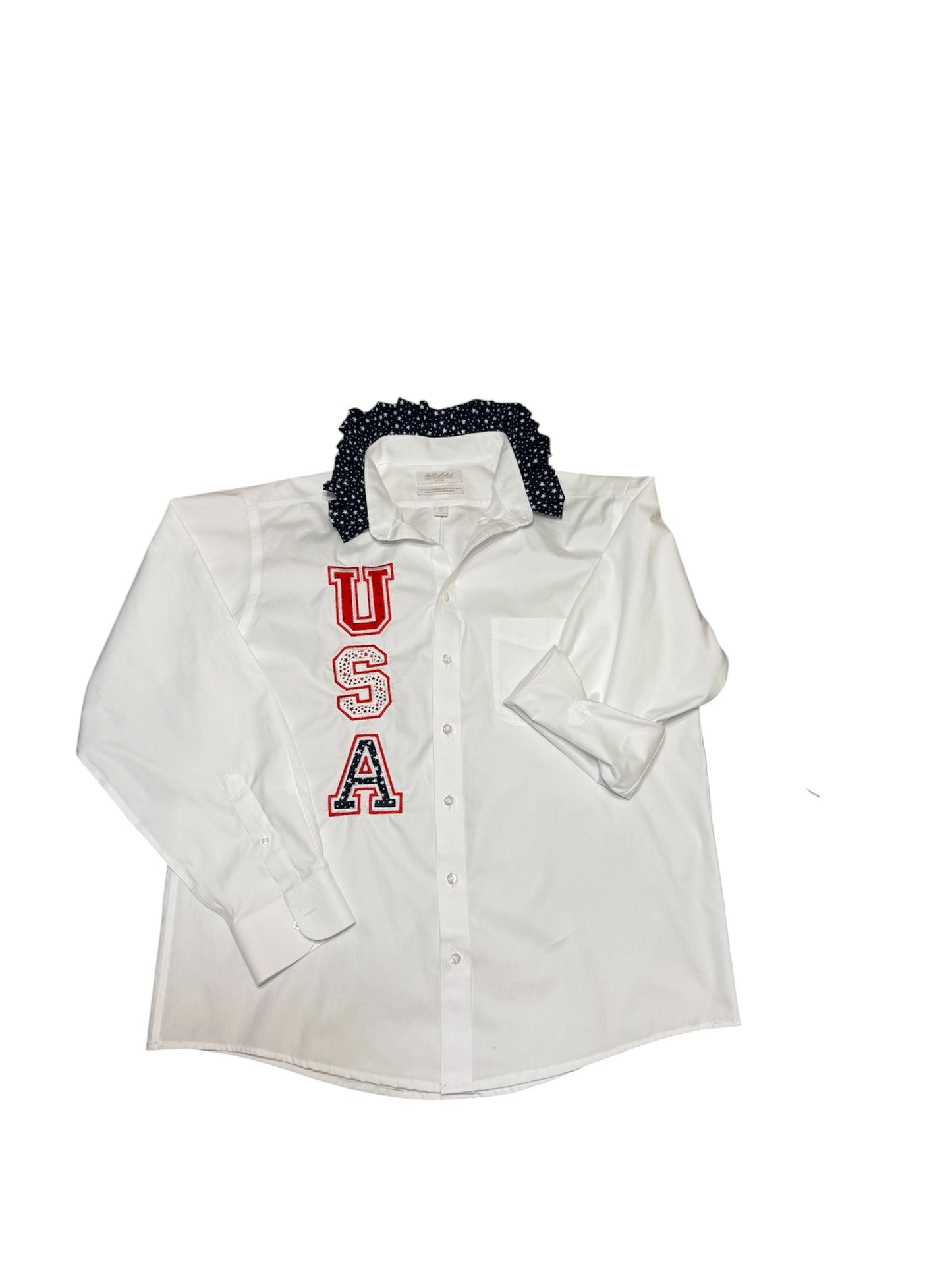 Patriotic Upcycled USA Embroidered Button-Down Shirt – Red, White & Blue Statement Piece