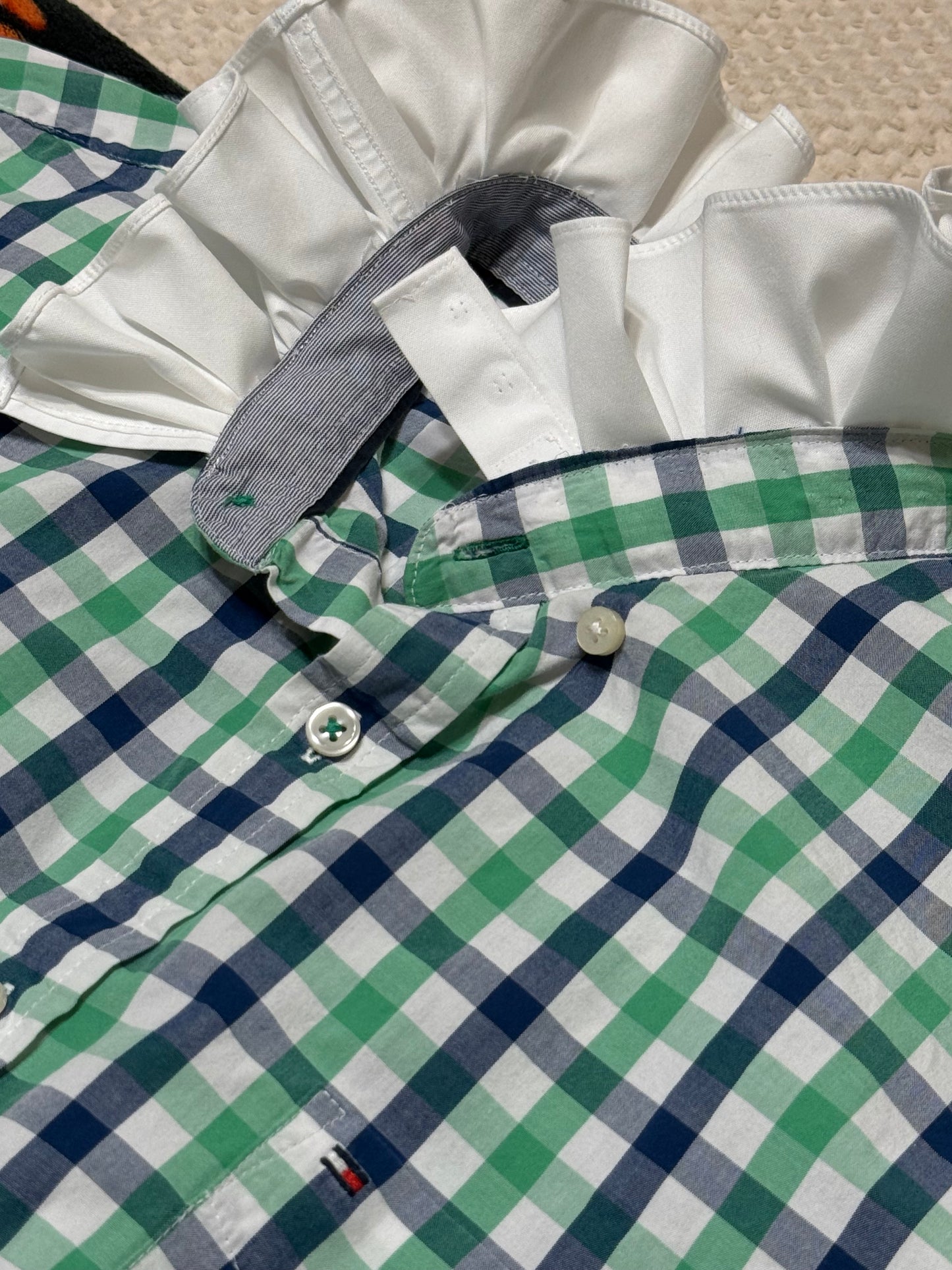 Upcycled Tommy Hilfiger Plaid Shirt with Dramatic White Ruffle Collar - Sustainable Statement Piece