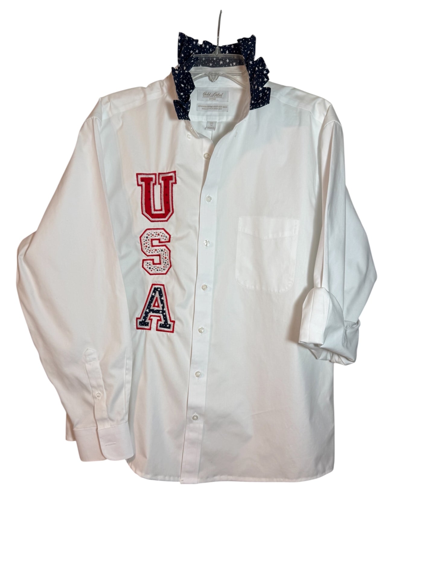 Patriotic Upcycled USA Embroidered Button-Down Shirt – Red, White & Blue Statement Piece