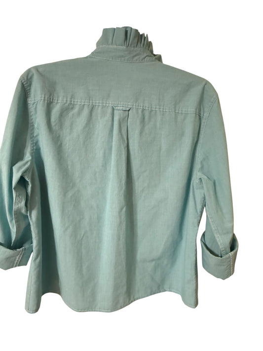 Chaps Solid Light Green Ruffle Collar Up Cycled Shirt