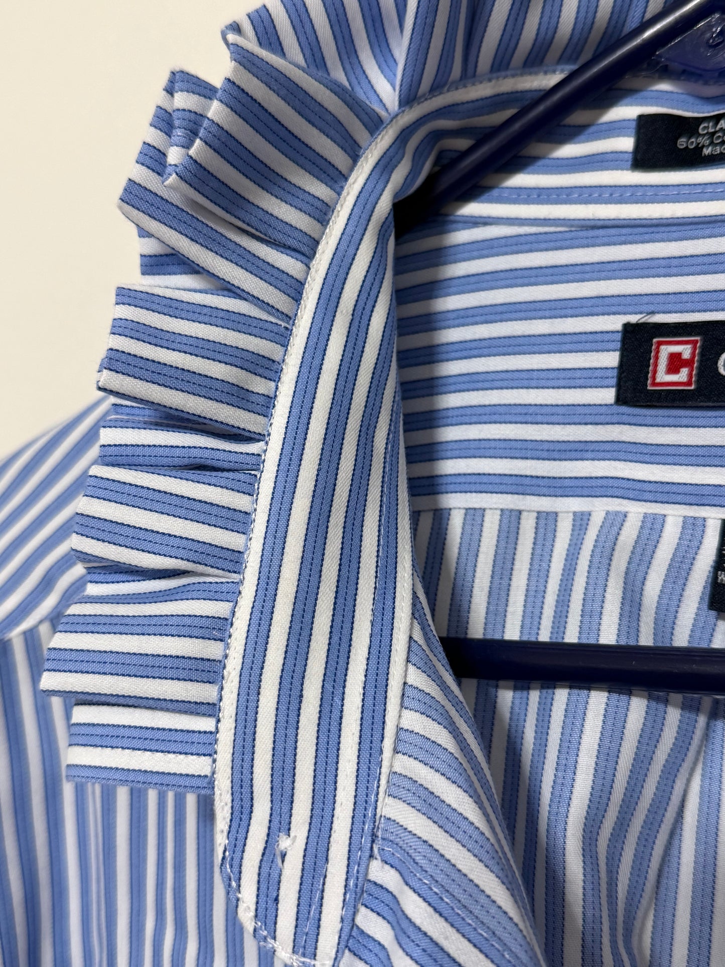 Chaps Blue Striped Ruffle Collar Up Cycled Shirt