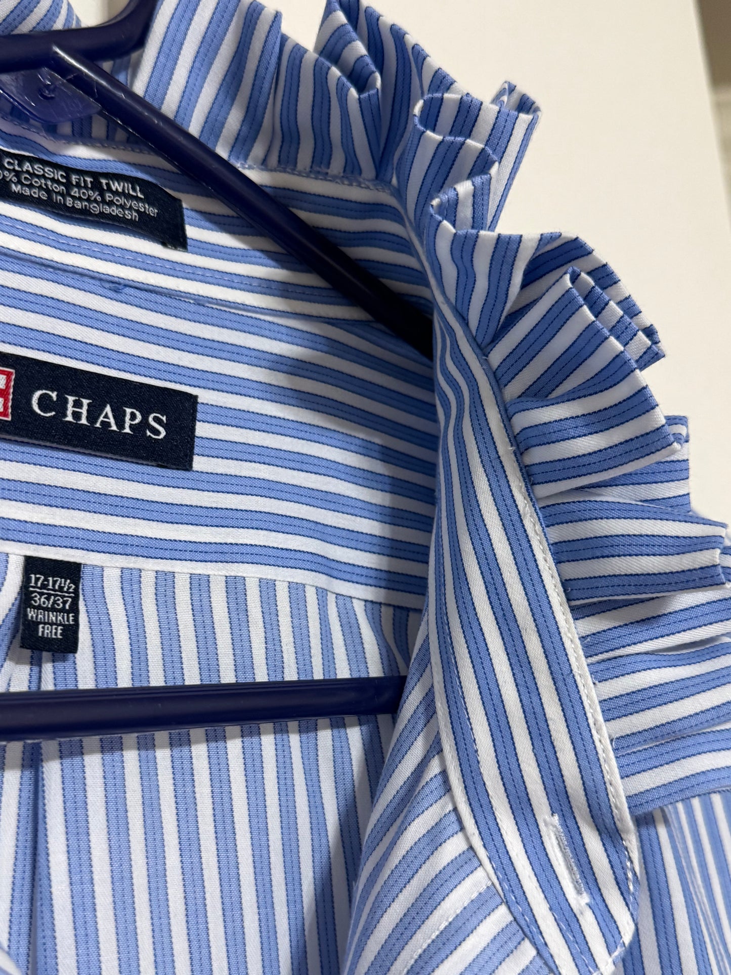 Chaps Blue Striped Ruffle Collar Up Cycled Shirt