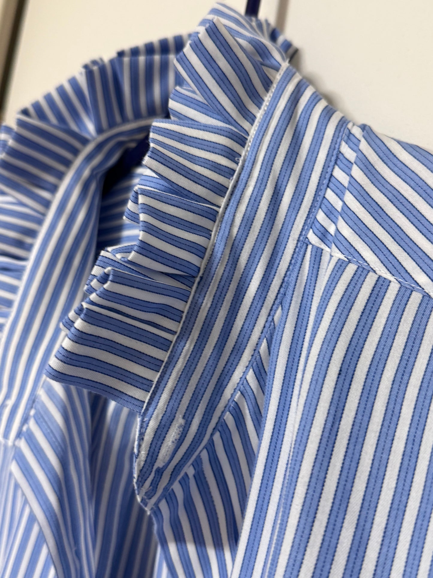 Chaps Blue Striped Ruffle Collar Up Cycled Shirt