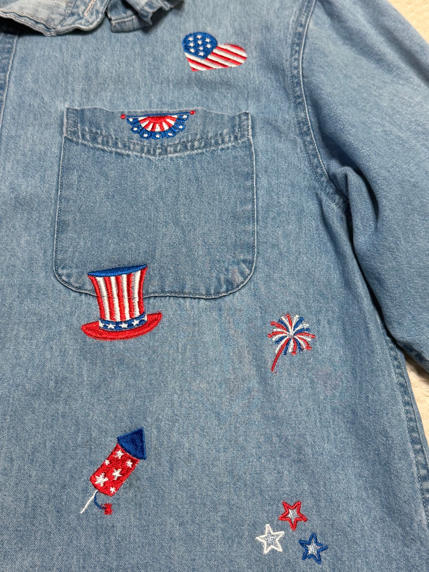 Vintage Upcycled Patriotic Denim Shirt – Embroidered 4th of July Denim Shirt – Red White Blue Stars & Stripes Ruffled Collar Top