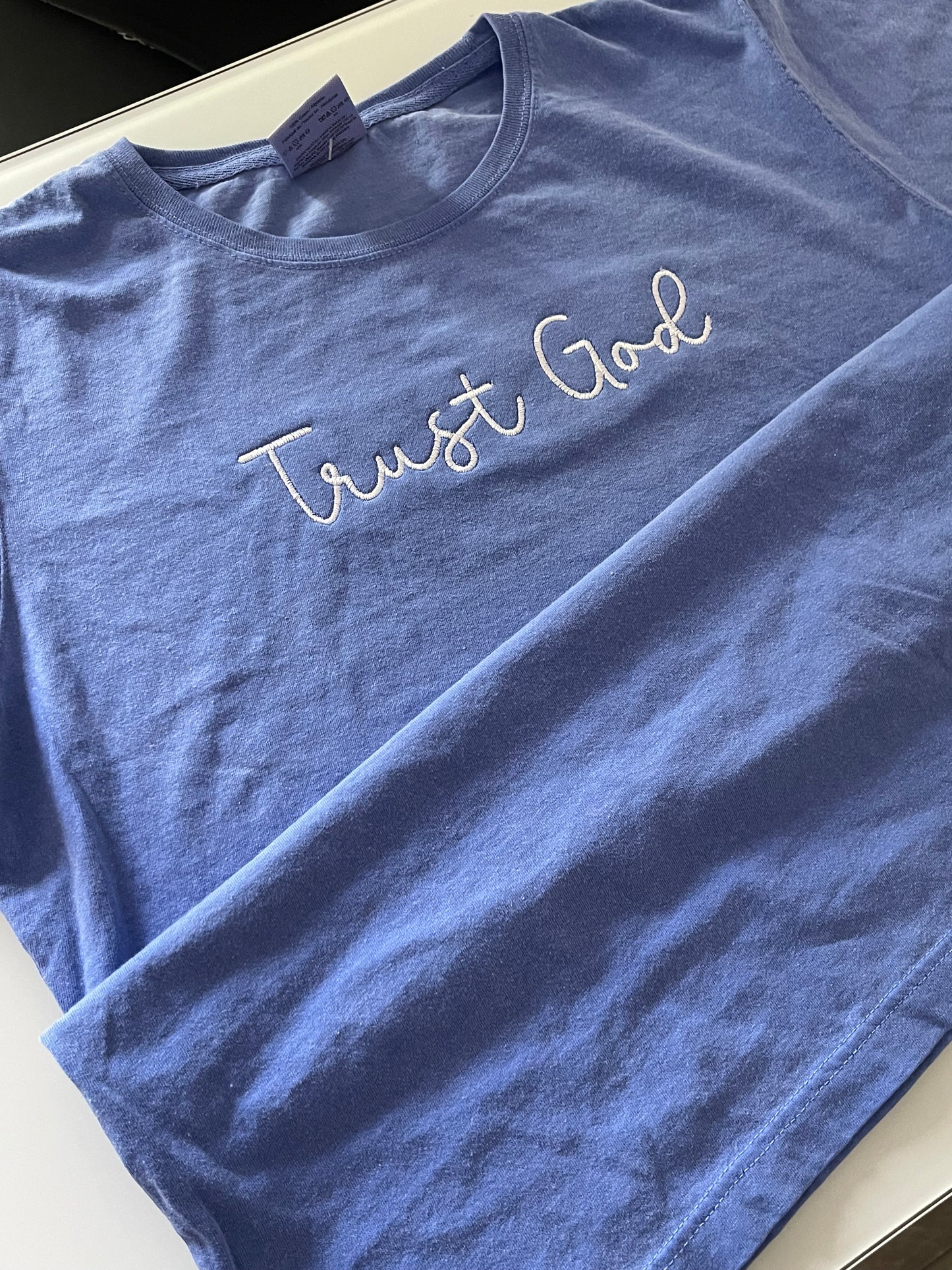 Trust God Embroidered Blue Women’s short sleeve shirt