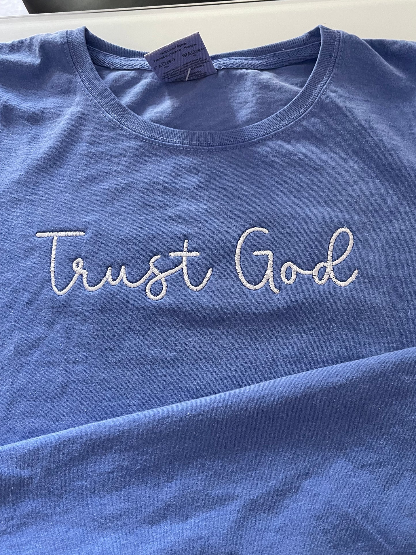 Trust God Embroidered Blue Women’s short sleeve shirt