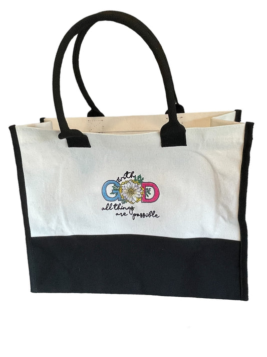 With God all things are possible, black and white embroidered canvas tote bag