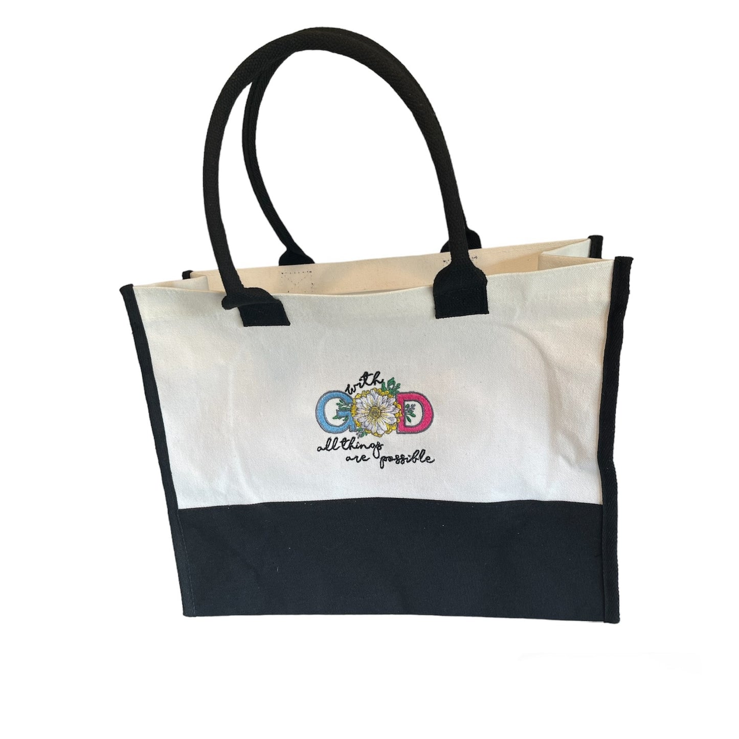 With God all things are possible, black and white embroidered canvas tote bag