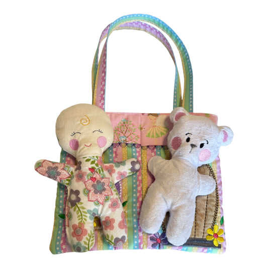 Handmade Toddler Gift Set – Embroidered Fabric Doll Bag with Matching Bear, Soft Toy & Bag Bundle for Kids