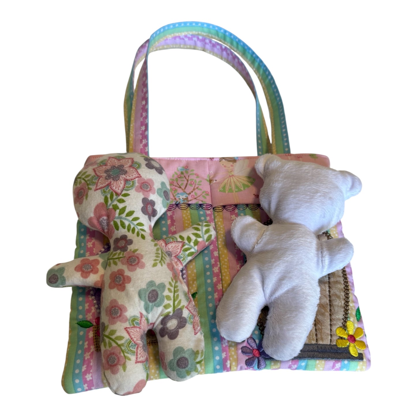 Handmade Toddler Gift Set – Embroidered Fabric Doll Bag with Matching Bear, Soft Toy & Bag Bundle for Kids