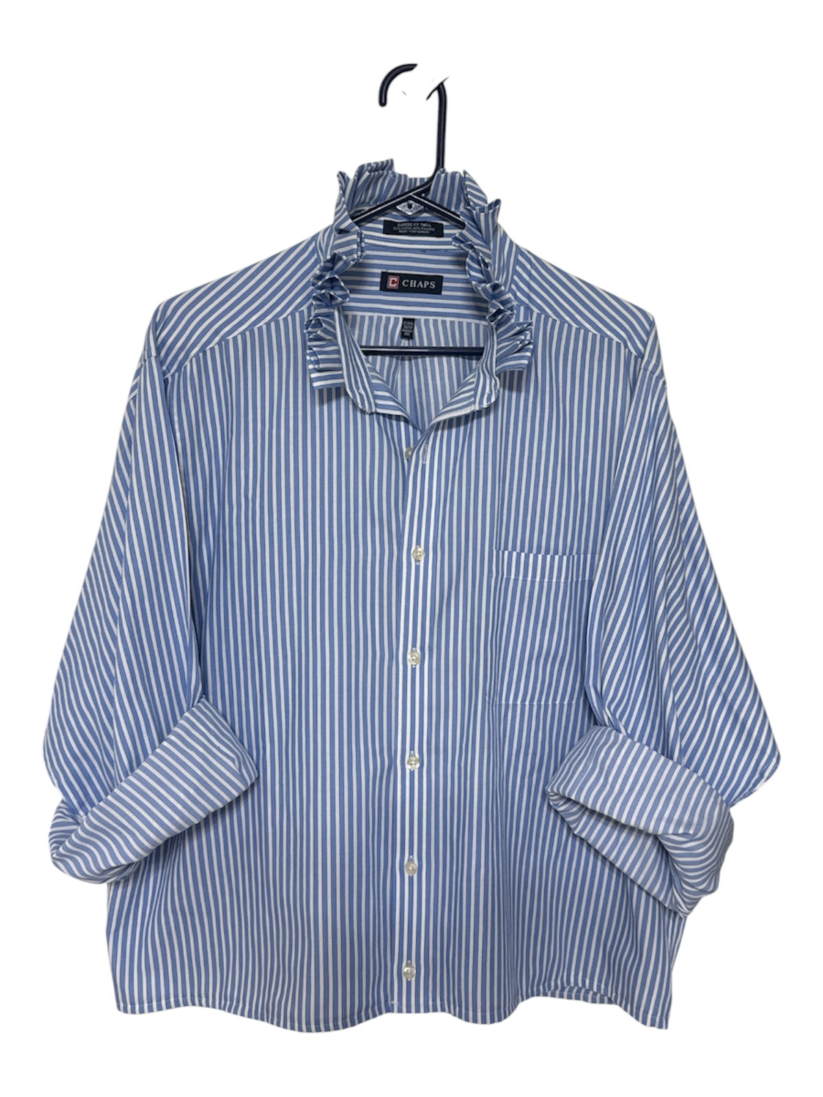 Chaps Blue Striped Ruffle Collar Up Cycled Shirt
