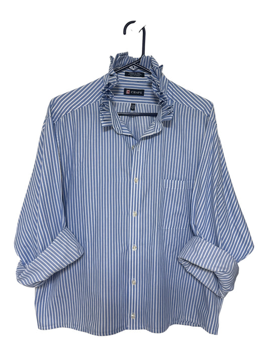 Chaps Blue Striped Ruffle Collar Up Cycled Shirt