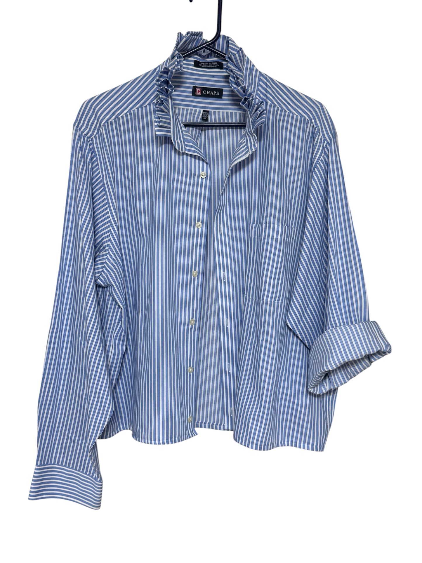 Chaps Blue Striped Ruffle Collar Up Cycled Shirt