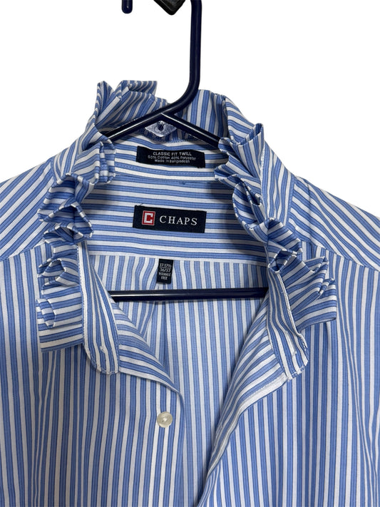 Chaps Blue Striped Ruffle Collar Up Cycled Shirt