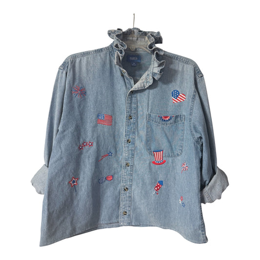 Vintage Upcycled Patriotic Denim Shirt – Embroidered 4th of July Denim Shirt – Red White Blue Stars & Stripes Ruffled Collar Top