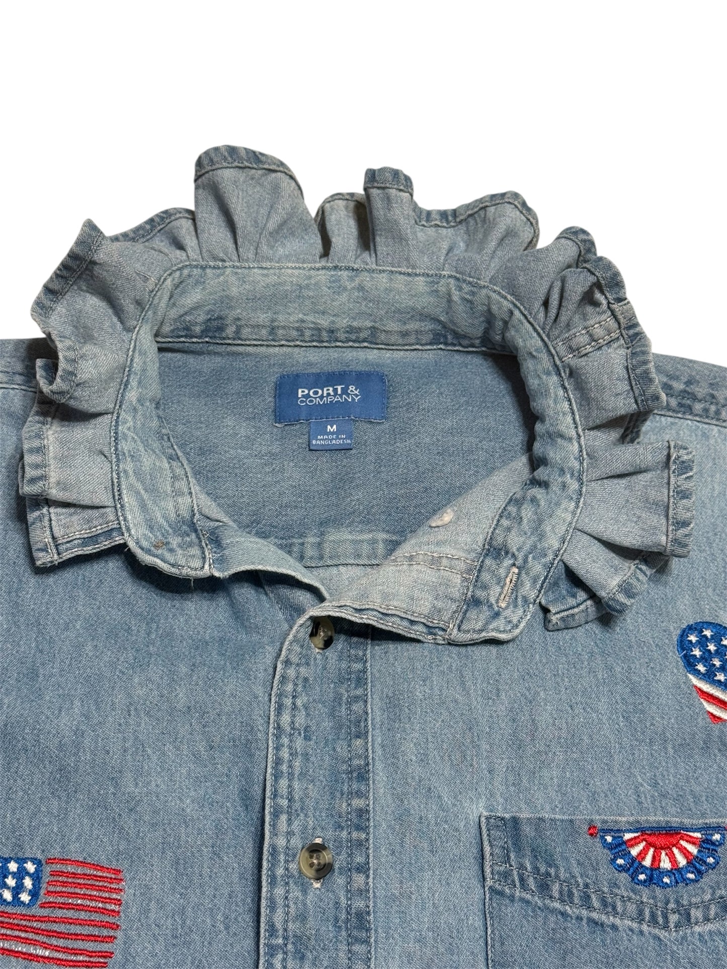 Vintage Upcycled Patriotic Denim Shirt – Embroidered 4th of July Denim Shirt – Red White Blue Stars & Stripes Ruffled Collar Top