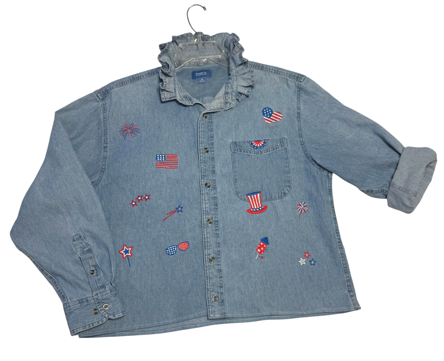 Vintage Upcycled Patriotic Denim Shirt – Embroidered 4th of July Denim Shirt – Red White Blue Stars & Stripes Ruffled Collar Top