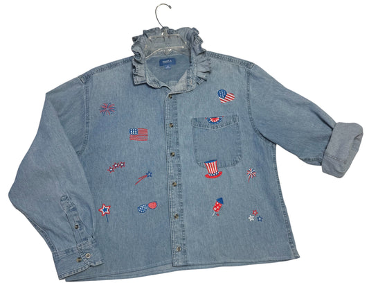 Vintage Upcycled Patriotic Denim Shirt – Embroidered 4th of July Denim Shirt – Red White Blue Stars & Stripes Ruffled Collar Top