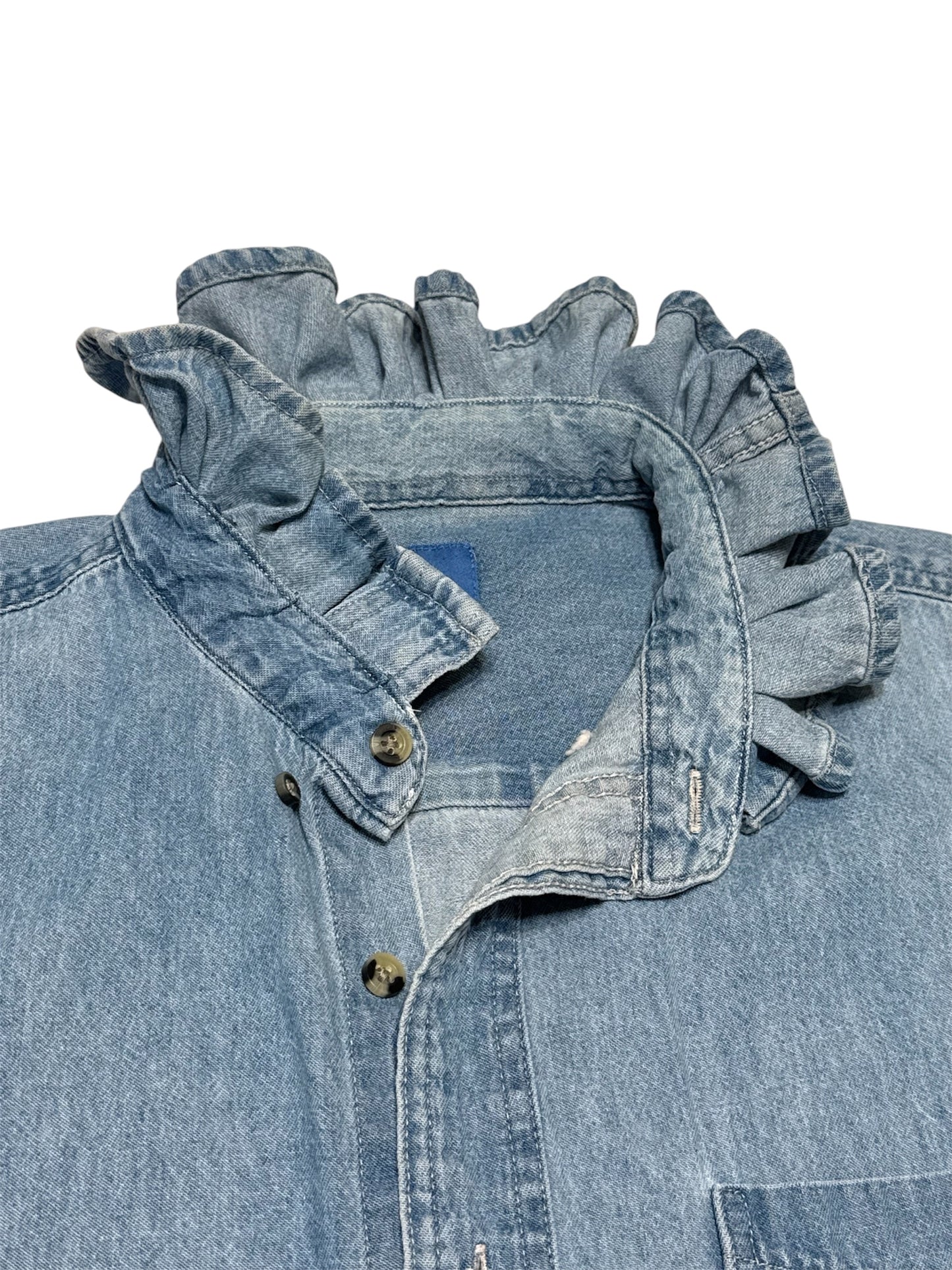 Vintage Upcycled Patriotic Denim Shirt – Embroidered 4th of July Denim Shirt – Red White Blue Stars & Stripes Ruffled Collar Top